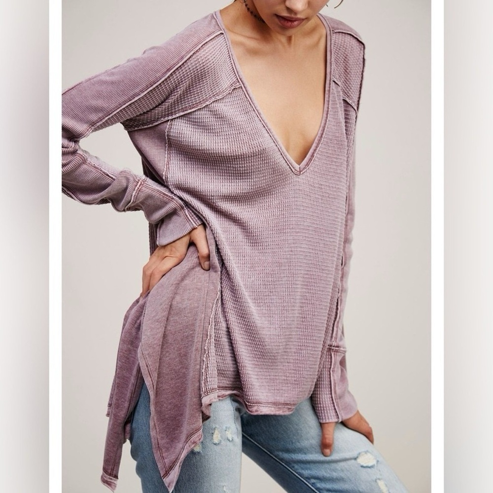 We The Free Pacific Thermal Long Sleeve Deep V-Neck boxy burnout waffle- Purple